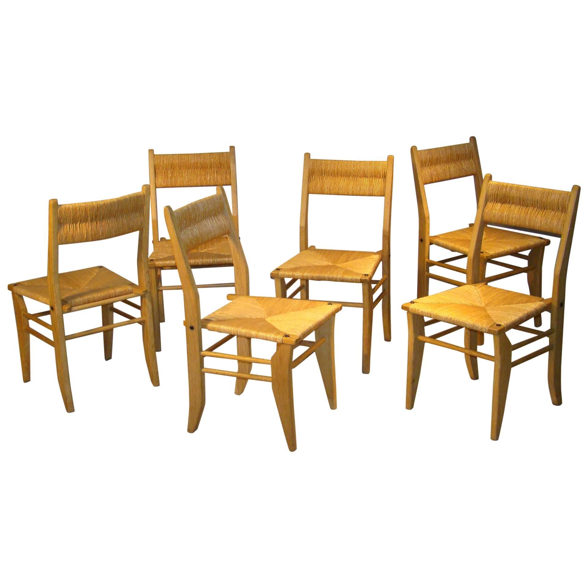 Guillerme et Chambron, Set of Six Oak Chairs, Edition Votre Maison, 1960