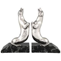 Art Deco Silvered Seal Bookends by Carvin, 1930 france