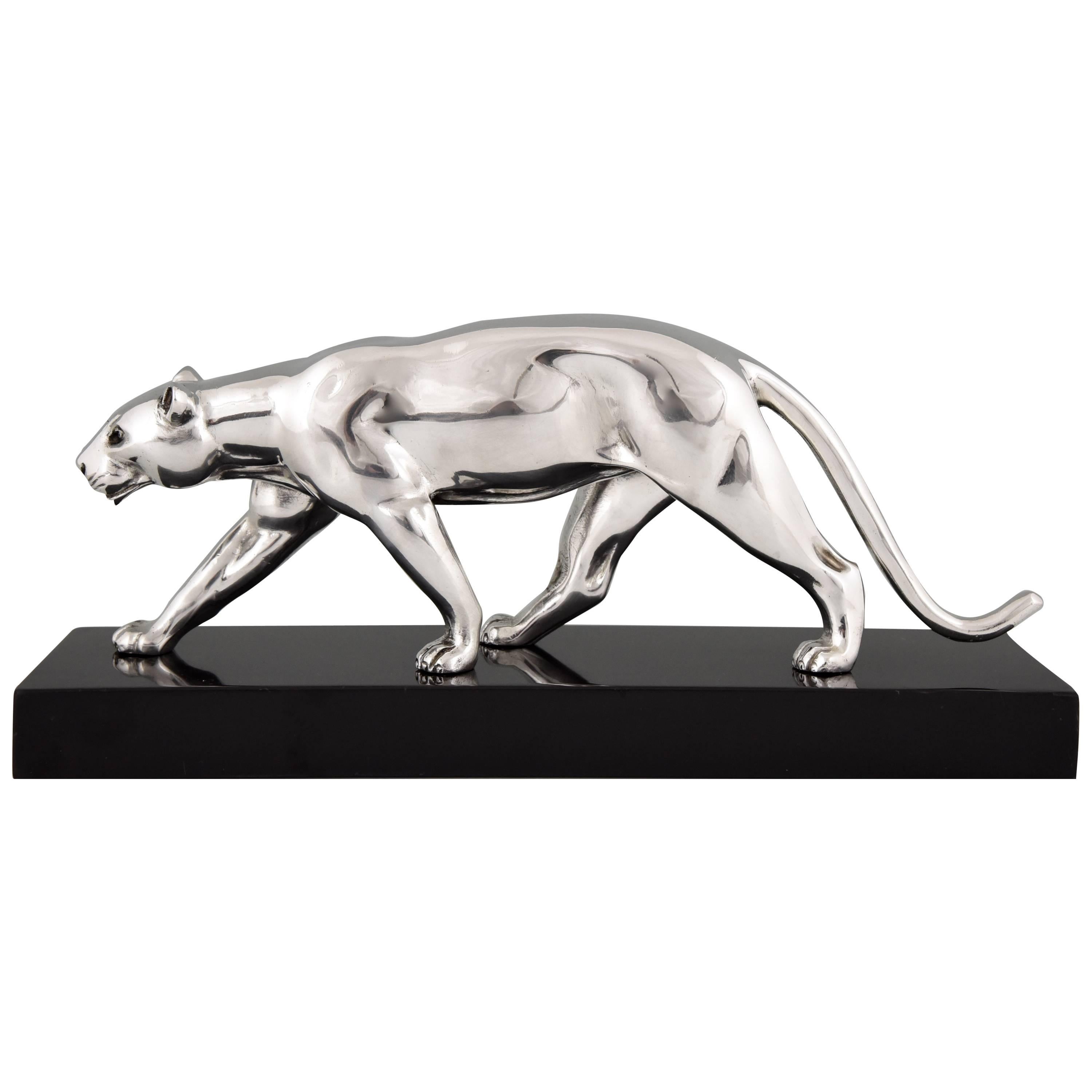 French Art Deco Silvered Bronze Panther Sculpture Alexandre Ouline, 1930