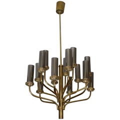 Large Midcentury Fifteen-Light Brass and Smoked Glass Chandelier