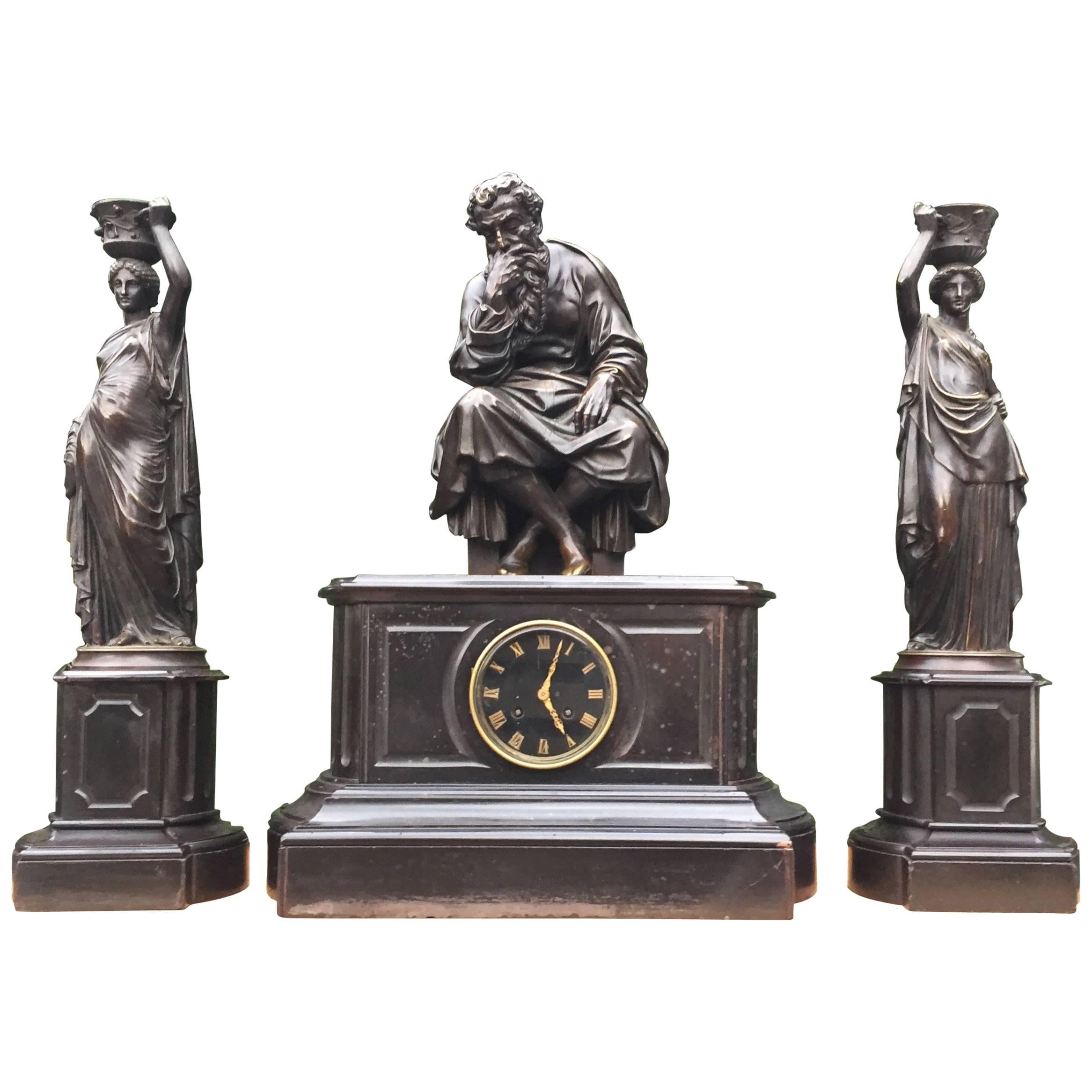 Gorgeous Bronze & Black Marble Clock Set by Deniere A Paris the Philosopher