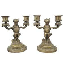 19th Century Pair of Bronze Candlesticks with Semi-Gods Figures