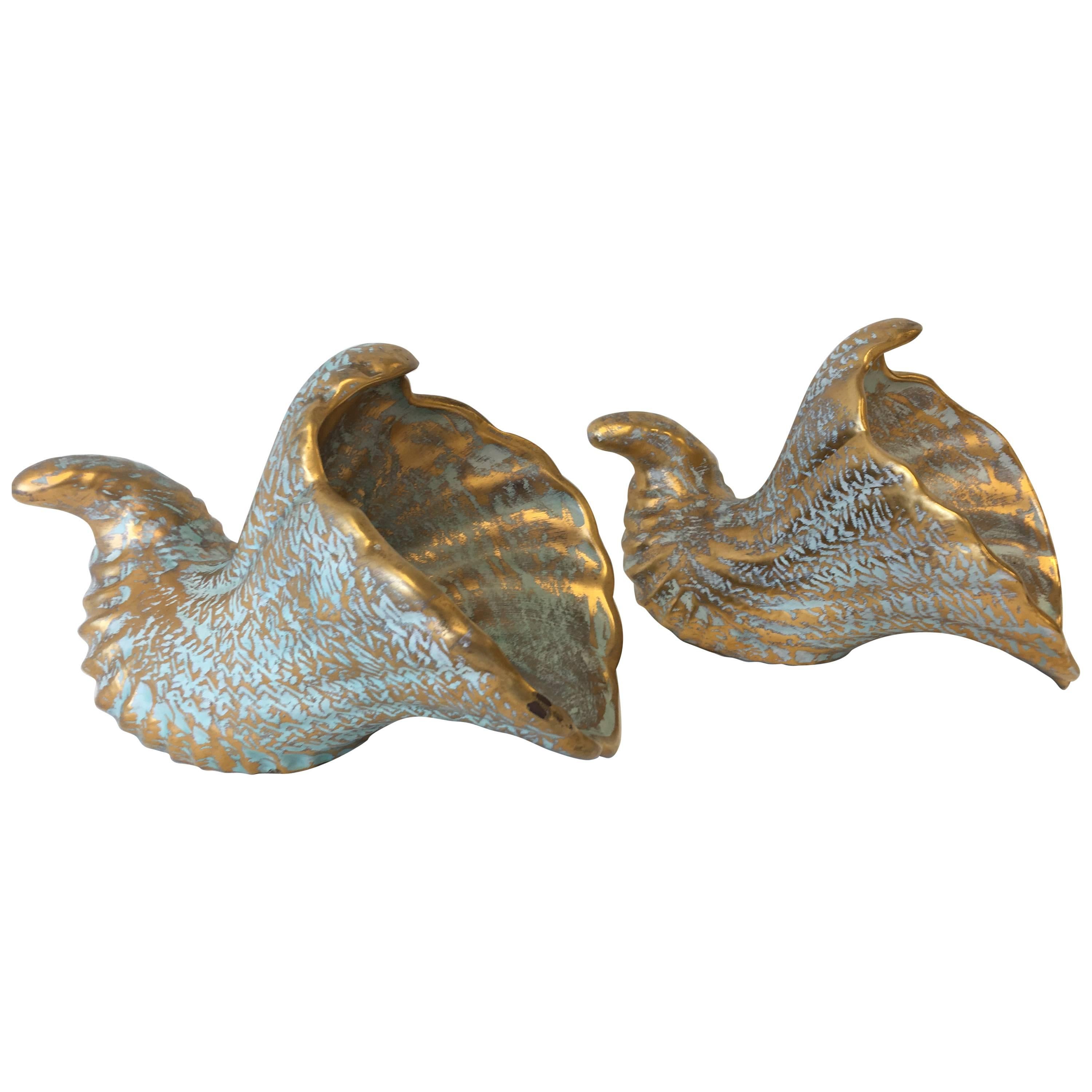 1970s Stangl Gold and Turquoise Cornucopia Serving Pieces, Pair