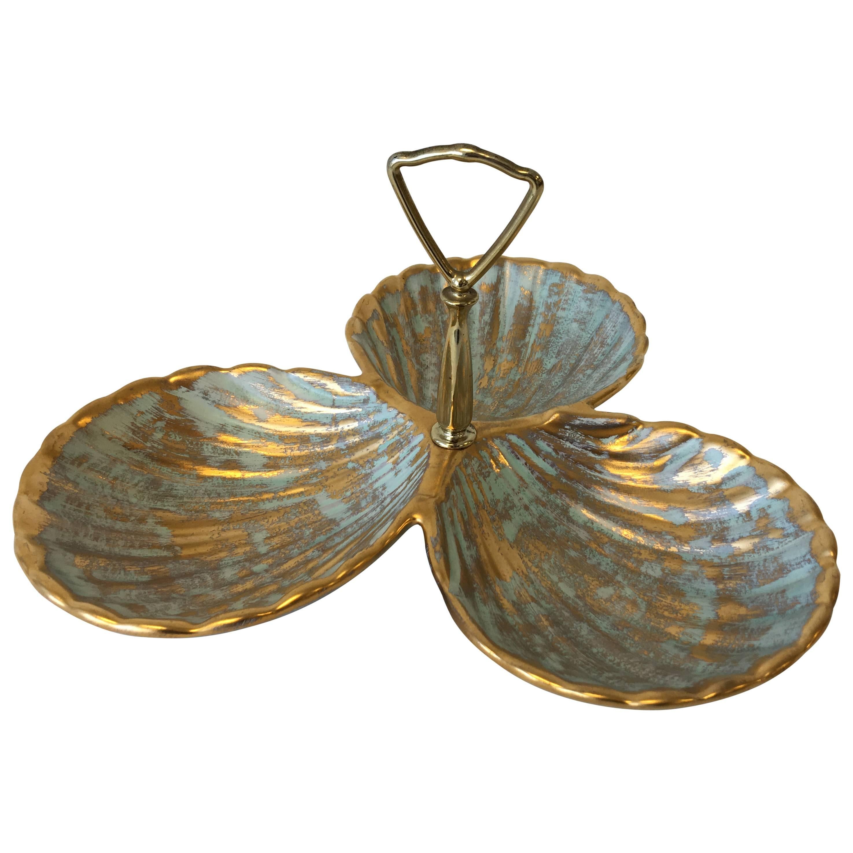 1970s Stangl Gold and Turquoise Seashell Serving Dish