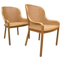 Pair of Ward Bennett Cane and Oak Armchairs