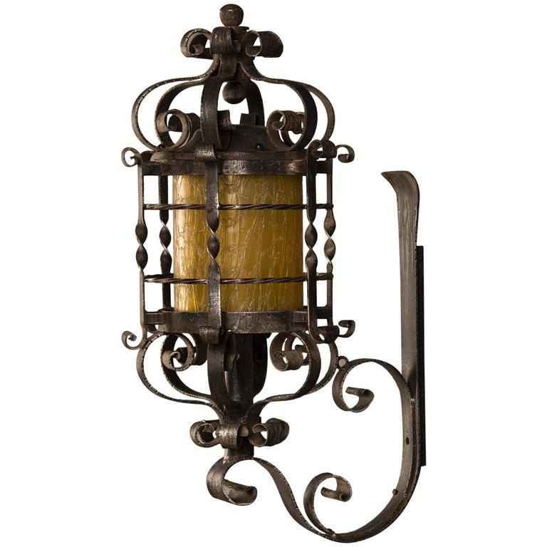 Vintage French Forged Iron Wall Lantern, Glass Shade, circa 1940 at 1stdibs