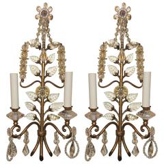 Wonderful Pair of Bagues Gilt Bronze Jensan Rock Crystal Floral Two-Arm Sconces