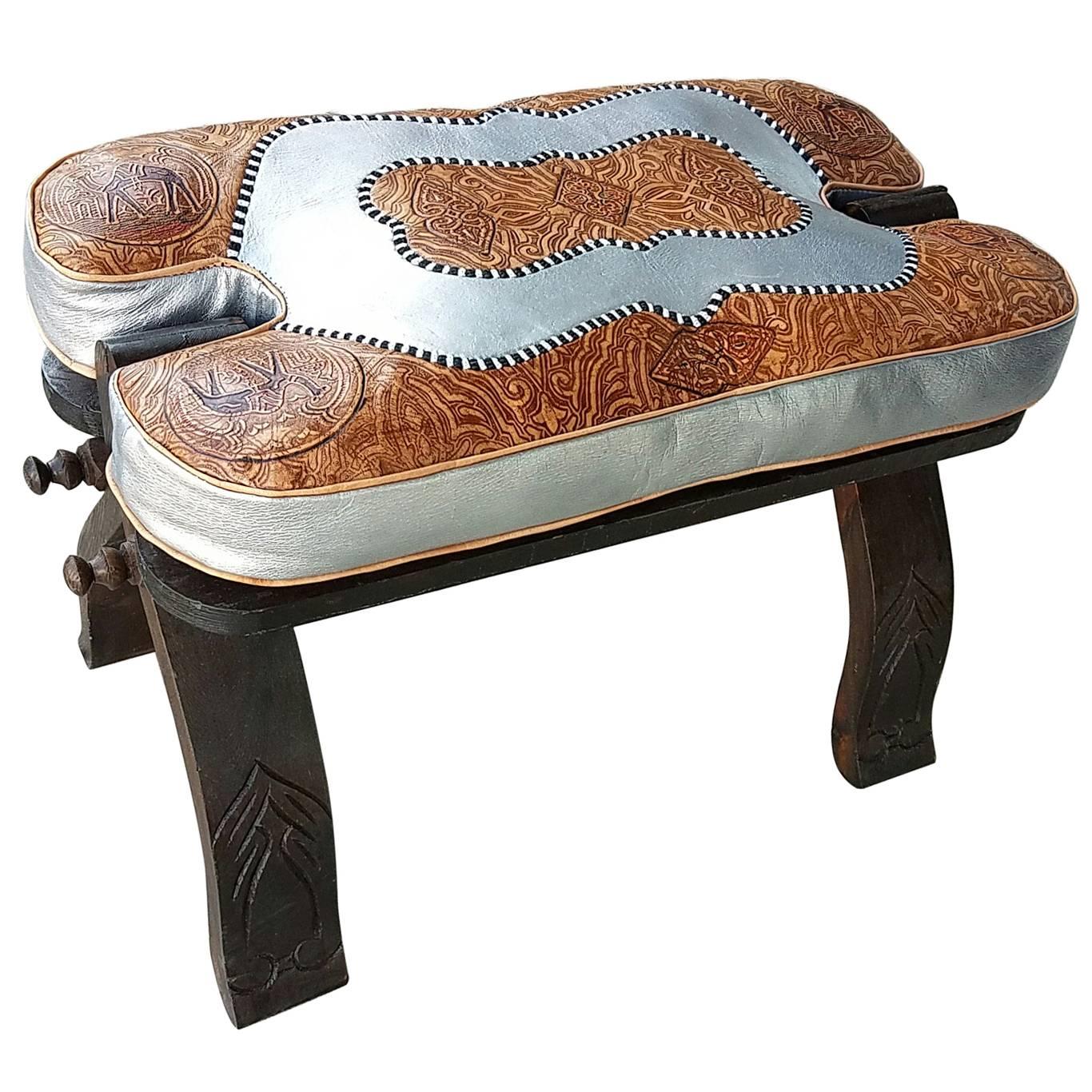 Moroccan Camel Saddle, Silver and Tan Cushion For Sale