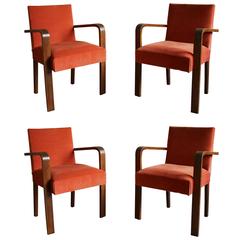 Set of Four French Art Deco Beech Bridge Armchairs with Rounded Armrests