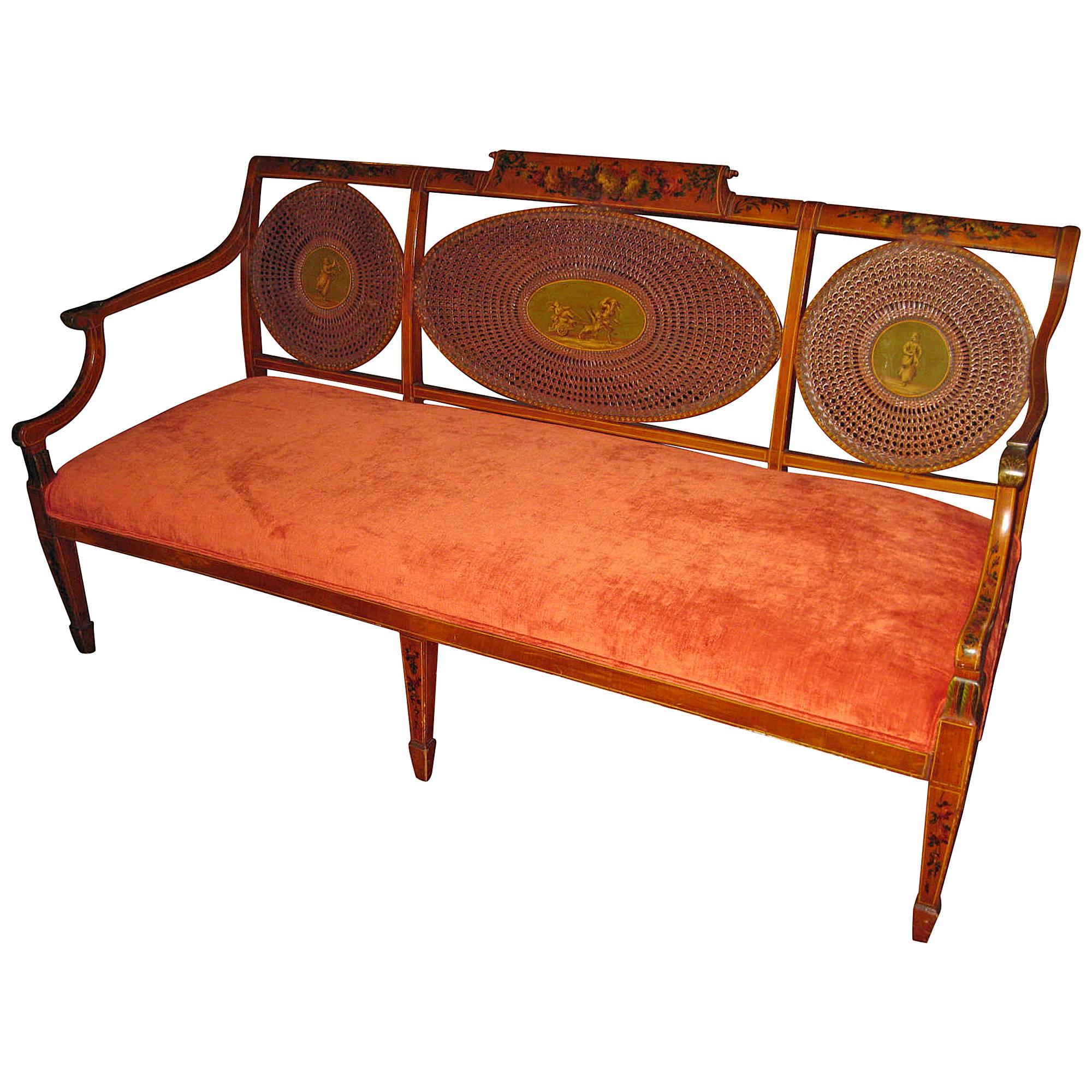 Adam Style Painted Satinwood Triple Chair Caned Back Bench Settee