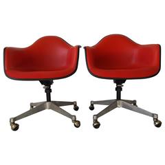 Pair of 1968 Charles Eames Tilt Swivel Height Adjust Fiberglass Chairs Orig Red