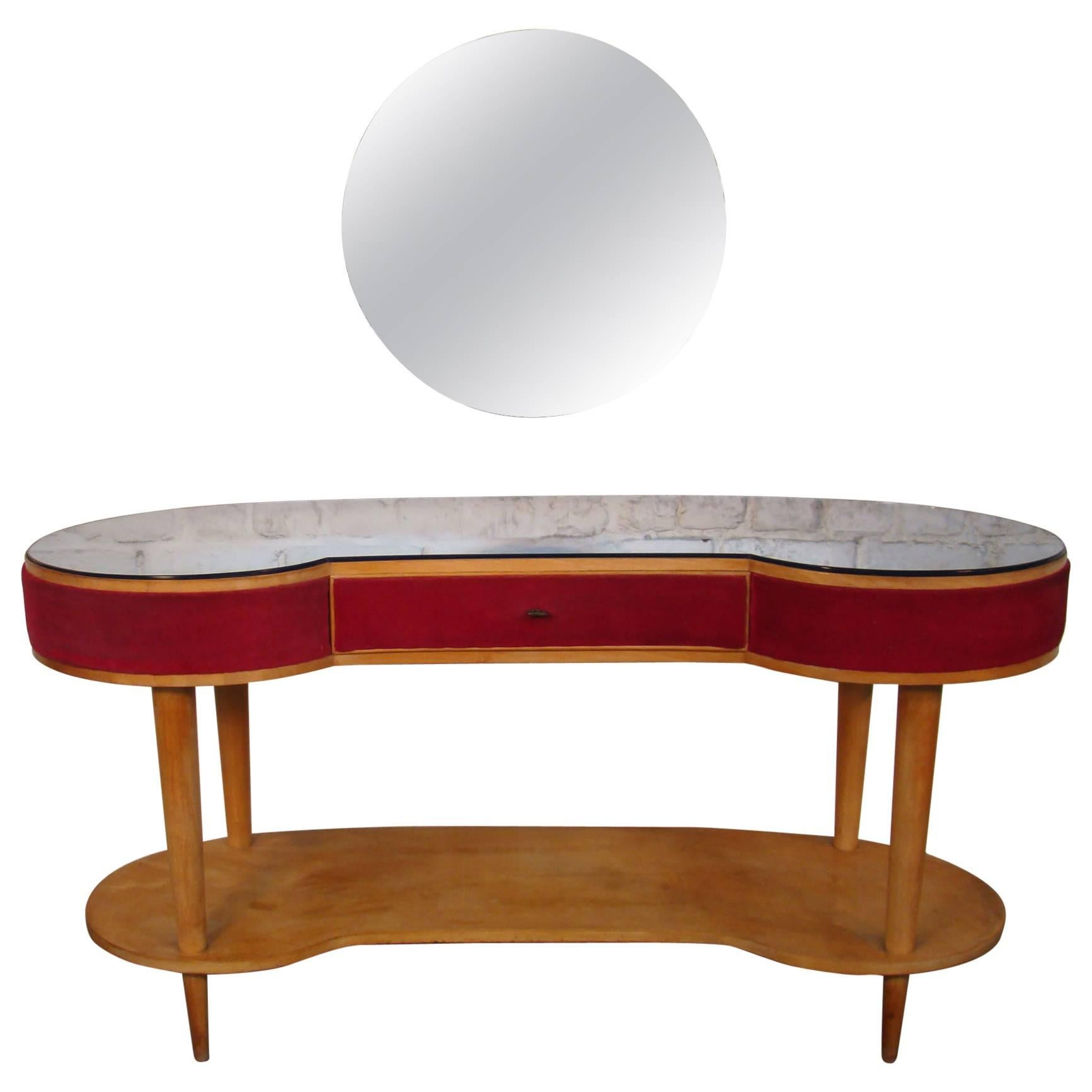 Dressing Table and Its Stool in Veneer Cherrywood and Blue-Toned Glass, Italy For Sale