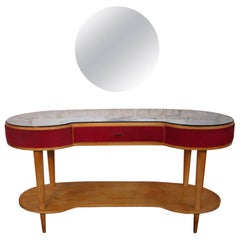 Vintage Dressing Table and Its Stool in Veneer Cherrywood and Blue-Toned Glass, Italy