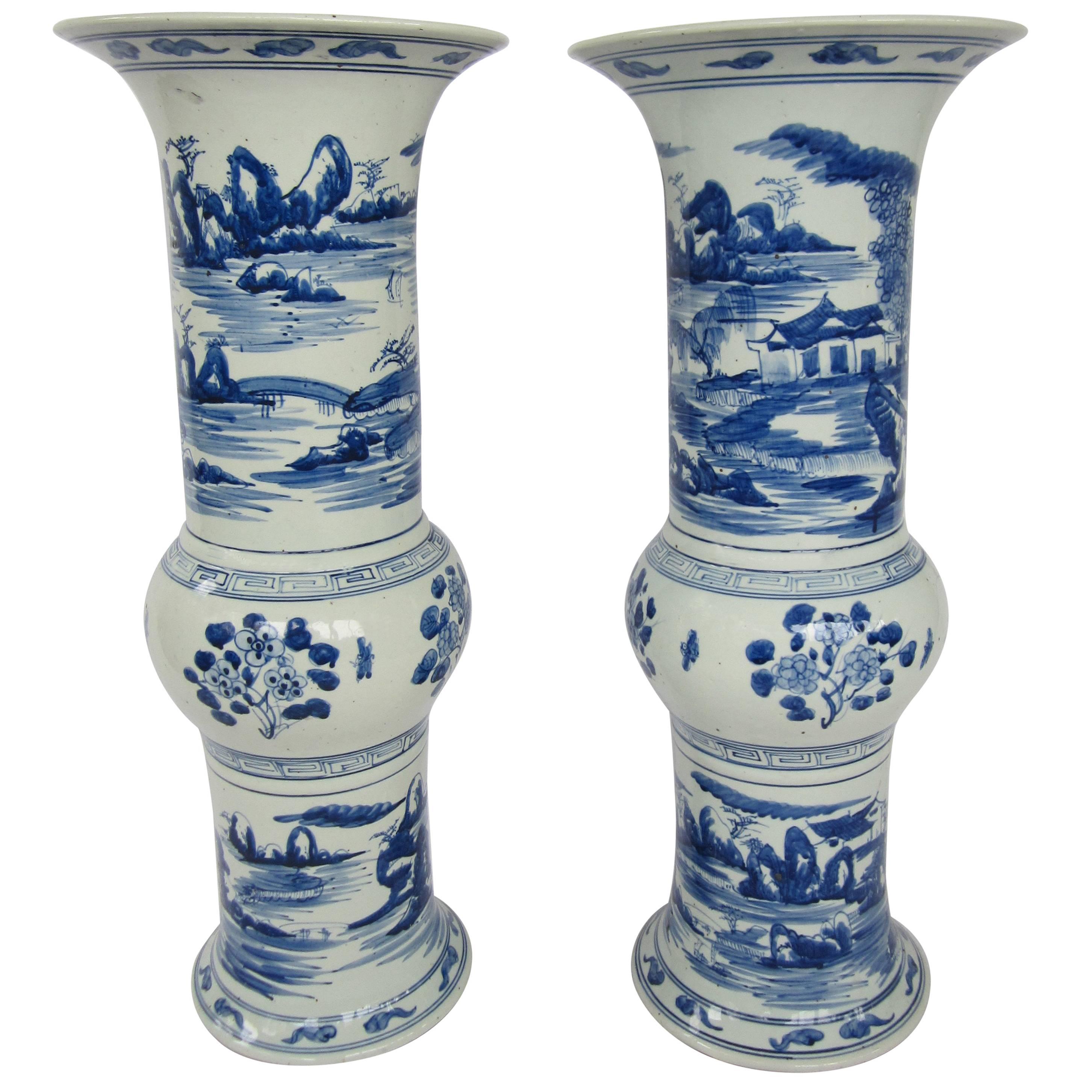 Pair of Large Blue and White Chinese Trumpet Vases