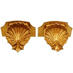 Pair of Italian Carved Wood and Gold Leafed Wall Bracket Shelves