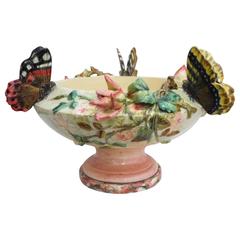 Antique 19th Majolica Roses and Butterfly Cache Pot Delphin Massier