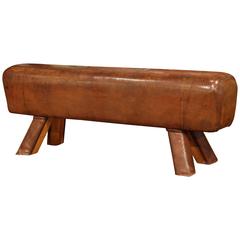 Antique Early 20th Century Czech Pommel Horse Bench with Brown Leather from Prague