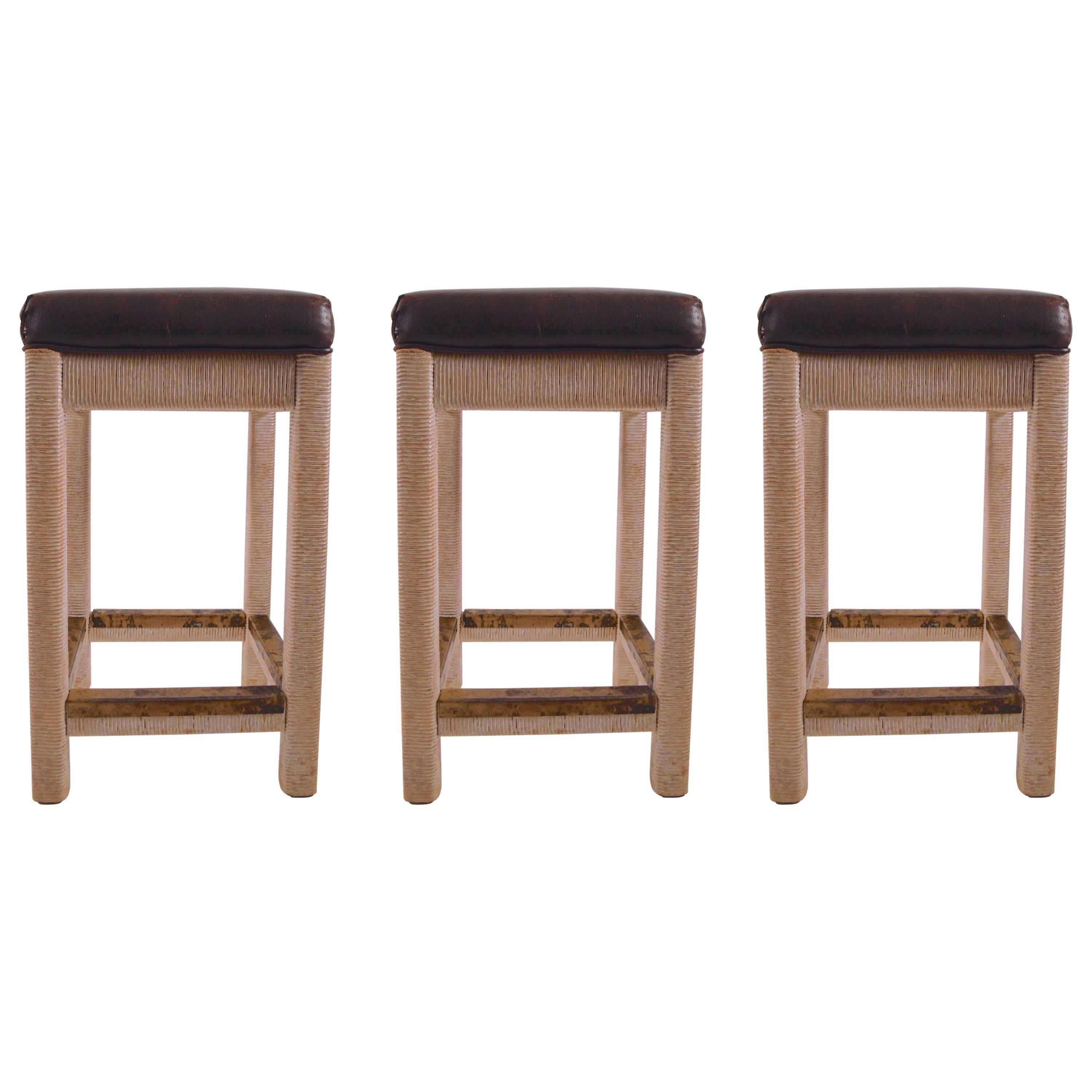Three Wrapped Twine and Leather Counter Height Stools by Henry Link