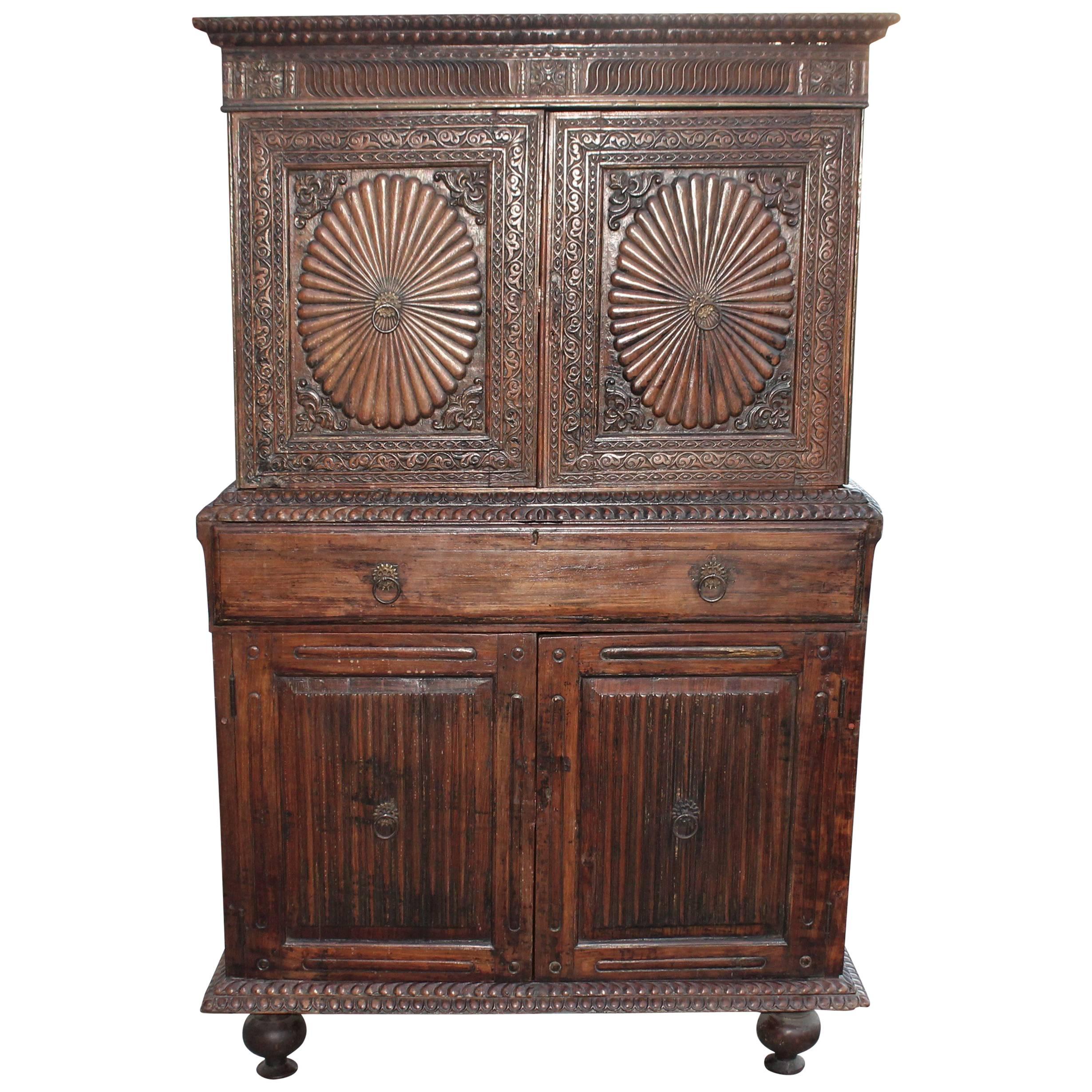 Early 19th Century Hand-Carved Two-Piece Wall Cupboard