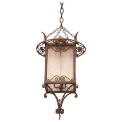 1920s Spanish Revival Wrought Iron and Glass Pendant