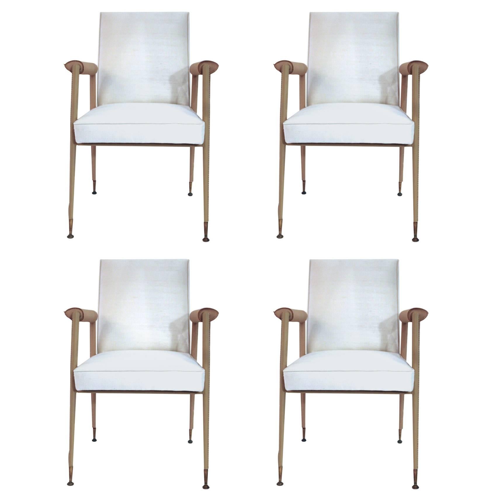 Jules et André Leleu, Set of Four Chairs, Leather, Silk and Gifted Brass