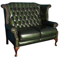 Two-Seat Leather Wingback Chesterfield Sofa, Vintage Green, 1980s