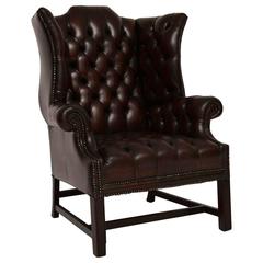 Antique Deep Buttoned Leather Wing Back Armchair