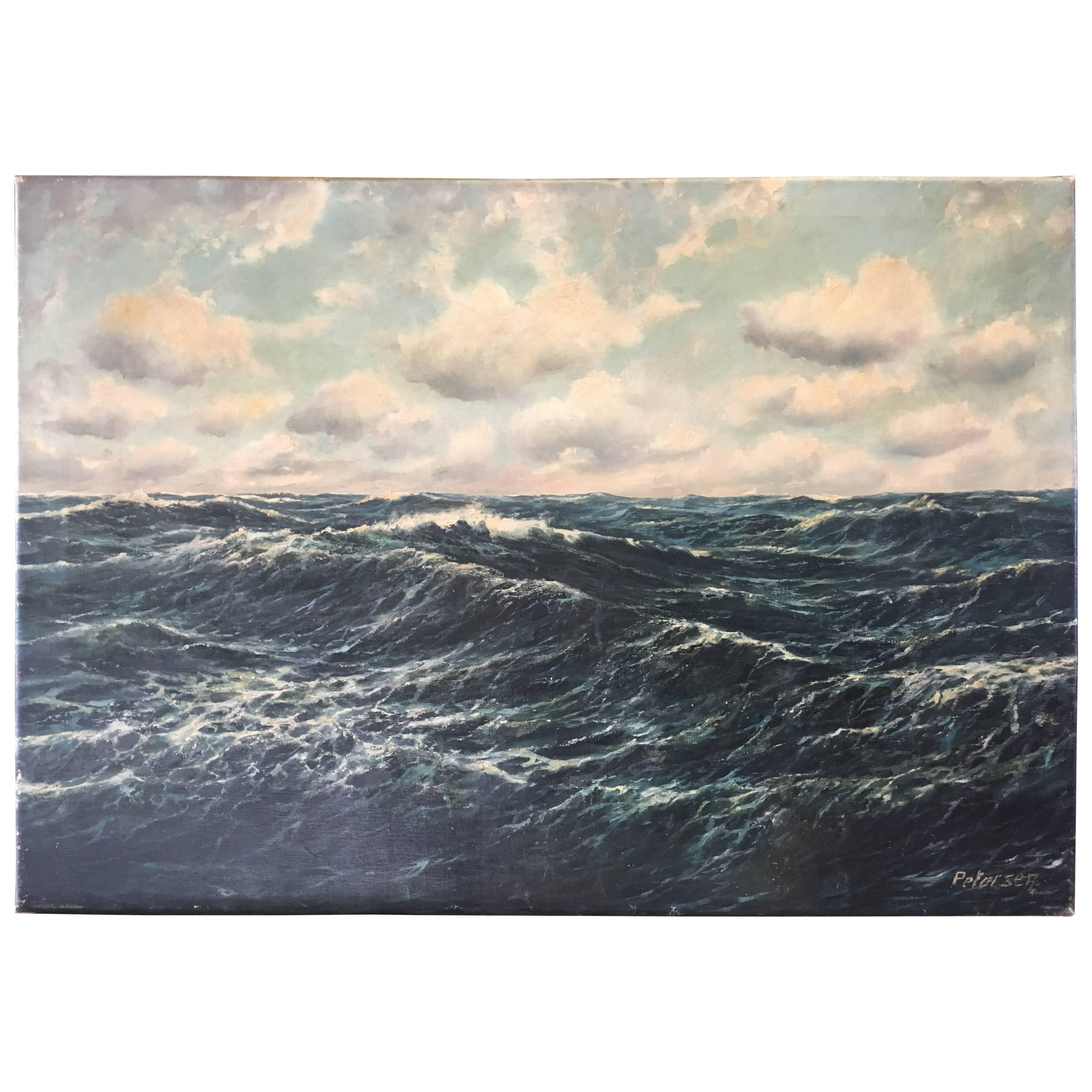19th Century Oil Painting of Wild Sea by Peterson