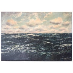 Antique 19th Century Oil Painting of Wild Sea by Peterson