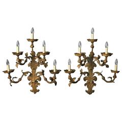 Florentine Large Pair of Gilded Leaf Five-Arm Wall Lights