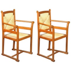 Pair of Arts and Crafts Oak Elbow Chairs, in the Manner of George Walton