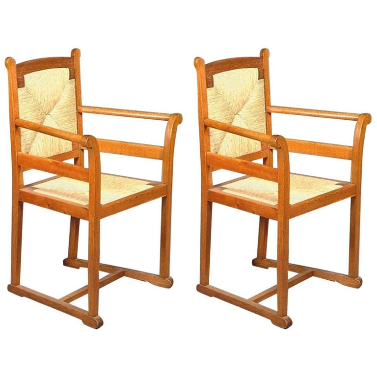 Pair of Arts and Crafts Oak Elbow Chairs, in the Manner of George Walton For Sale