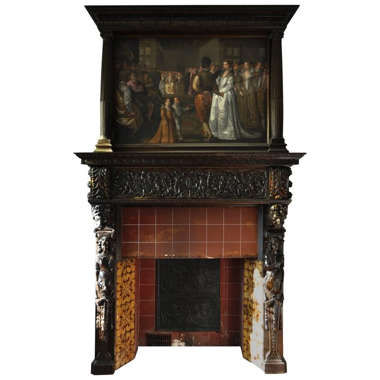 17th Century Carved Walnut Fireplace with Painting after G. Casella For Sale