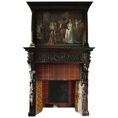 Antique 17th Century Carved Walnut Fireplace with Painting after G. Casella