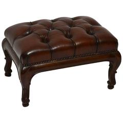 Antique Deep Buttoned Leather and Mahogany Stool