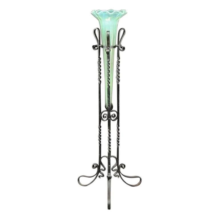 Arts and Crafts Glass and Wrought Iron Floor Vase on Stand