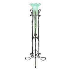 Arts and Crafts Glass and Wrought Iron Floor Vase on Stand