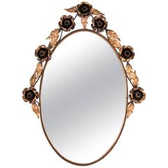 Spanish 1960s Metal Coppered Floral Oval Mirror 9