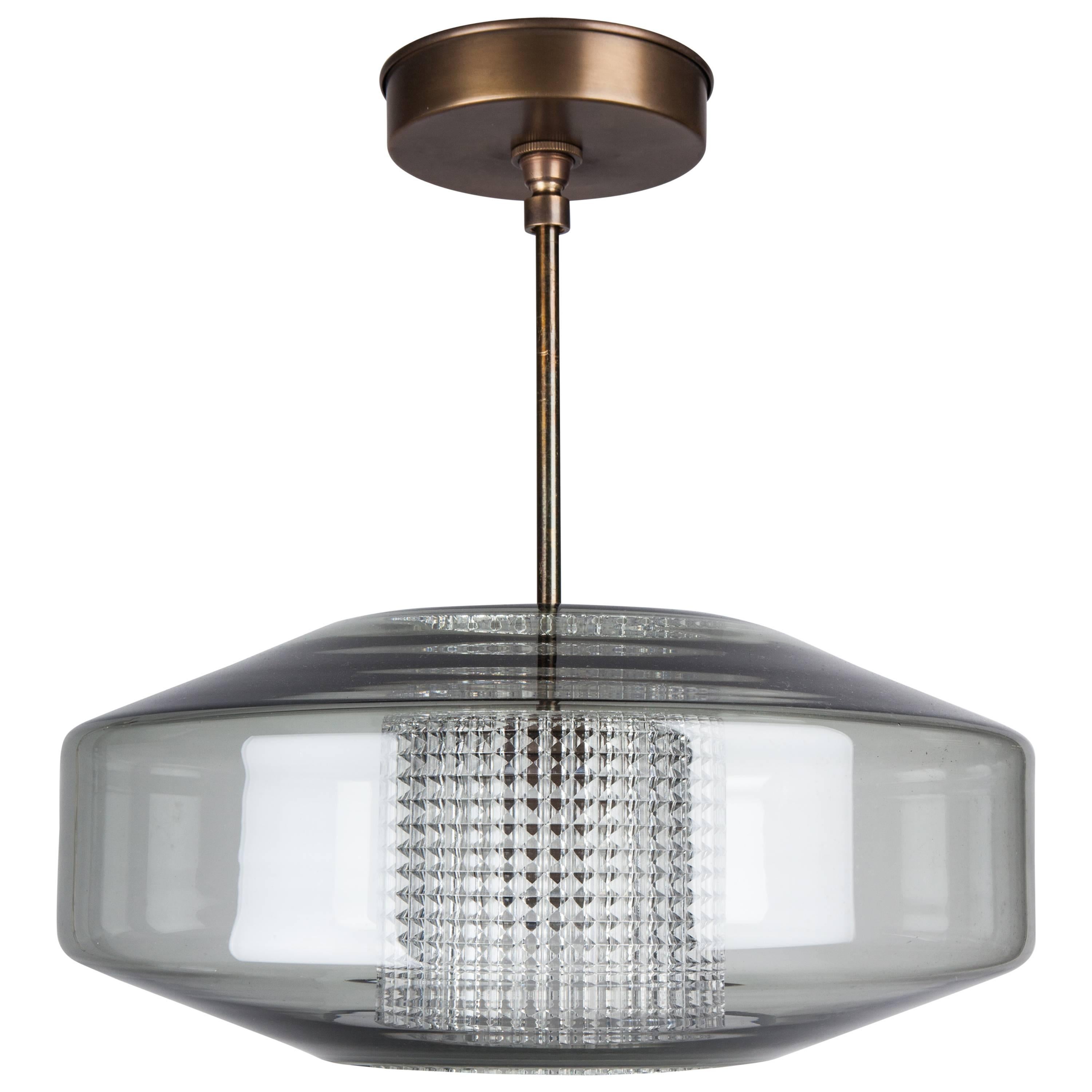 Orrefors Mid-Century Glass and Brass Saucer Pendant, circa 1960