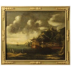 18th Century Italian Seascape Painting Oil On Canvas 