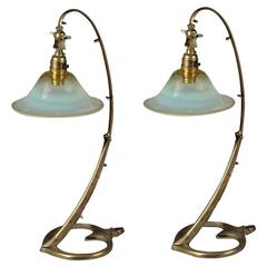William Arthur Smith Benson. An original pair of Brass Swan Table Lights.