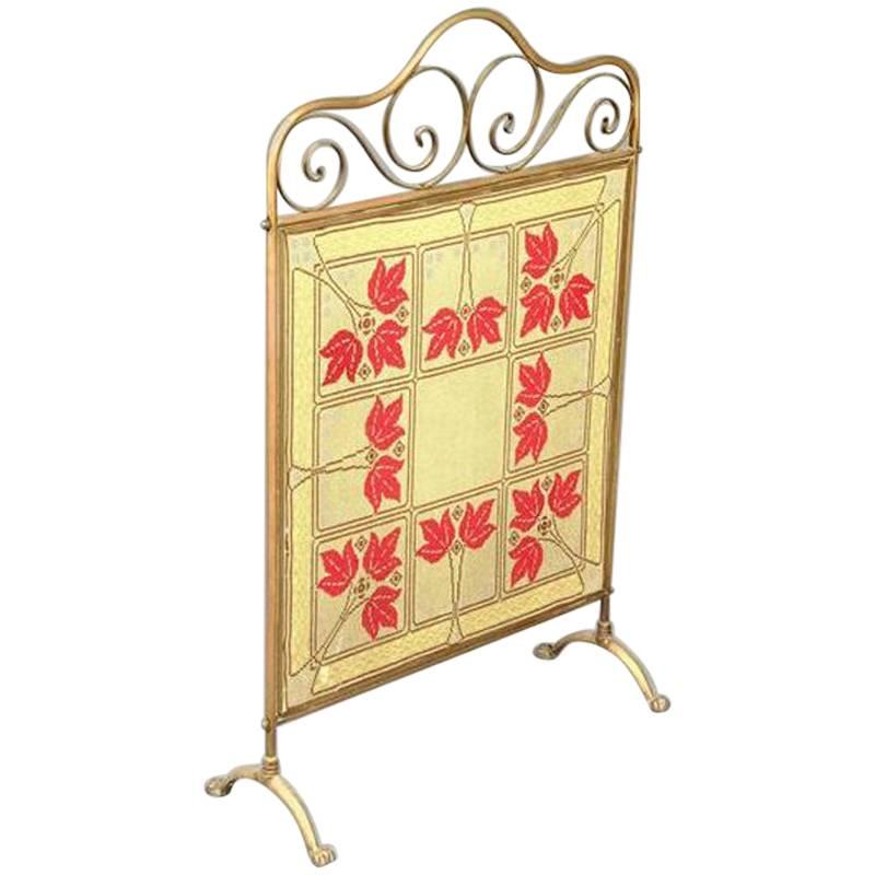 An Arts and Crafts Brass and Tapestry Fire Screen, in the Manner of Was Benson For Sale