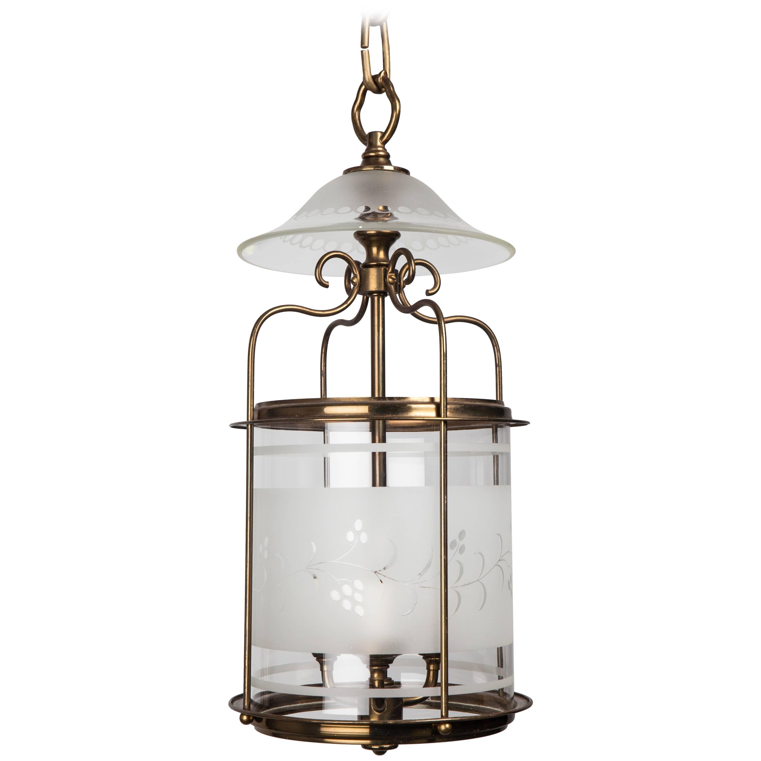 Etched Glass and Brass Lantern, circa 1930