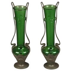 Pair of Art Nouveau Pewter and Green Glass Twin-Handled Vases, by Osiris