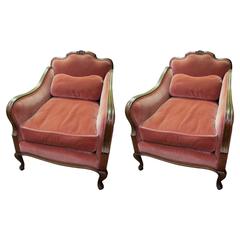 Antique 1910 Silk Mohair Ladies and Gentleman's Chair, Pair