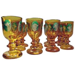 Antique Set of 12 Amber Glass Bohemian Cameo Hunt Goblets, circa 1850