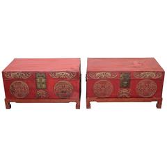 Pair of Early 20th Century Chinese Red Lacquered Leather Trunks on Stands