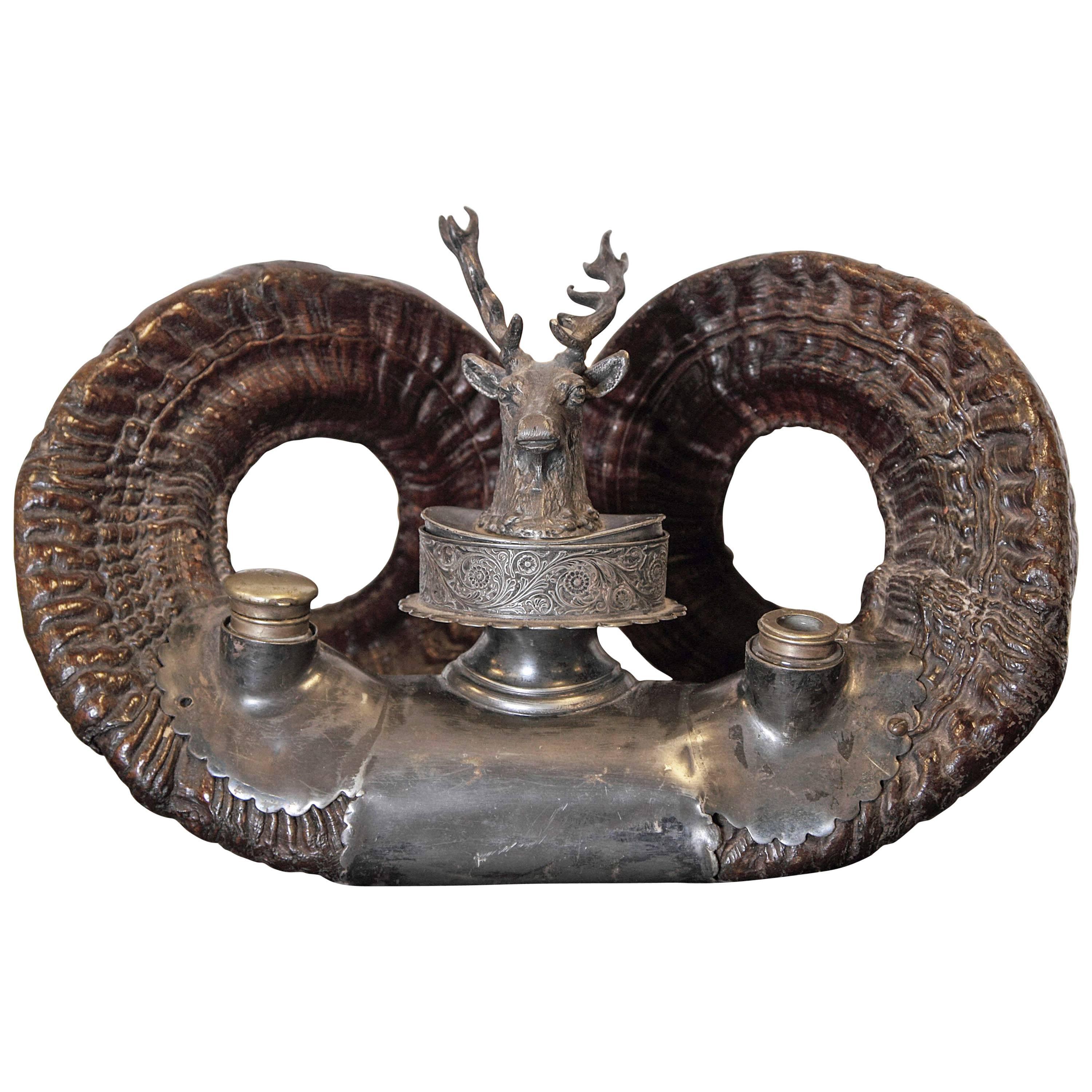 19th Century English Rams Horn Inkwell with Pewter Mounts