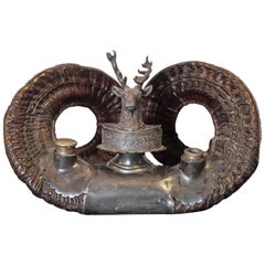 Antique 19th Century English Rams Horn Inkwell with Pewter Mounts