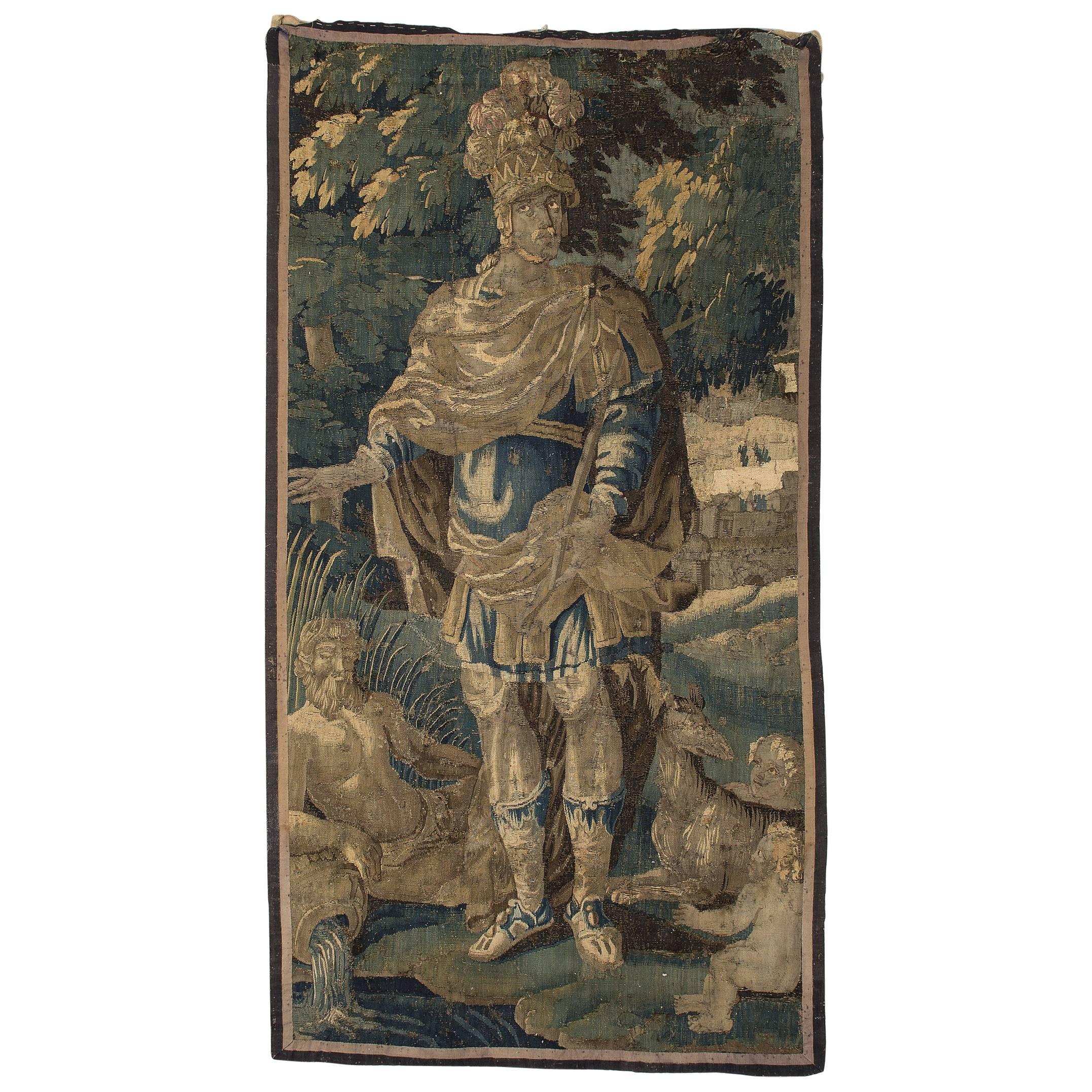 Early18th Century Vertical Flemish Tapestry with Verdure and Mythology Scenery